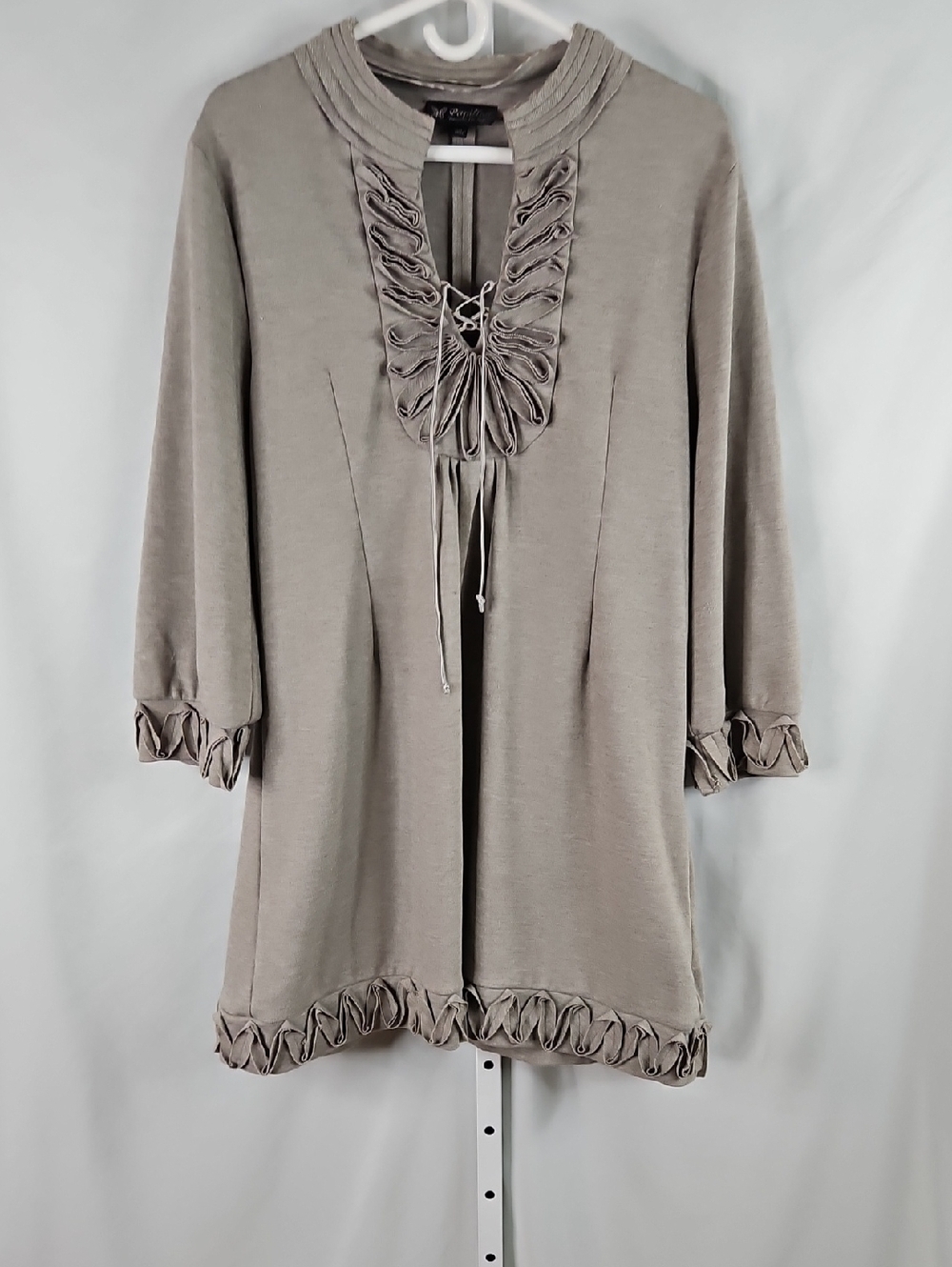 Papillon Taupe/Gray Lace Up Ruffle-Trim Long Sleeve Dress Size Large